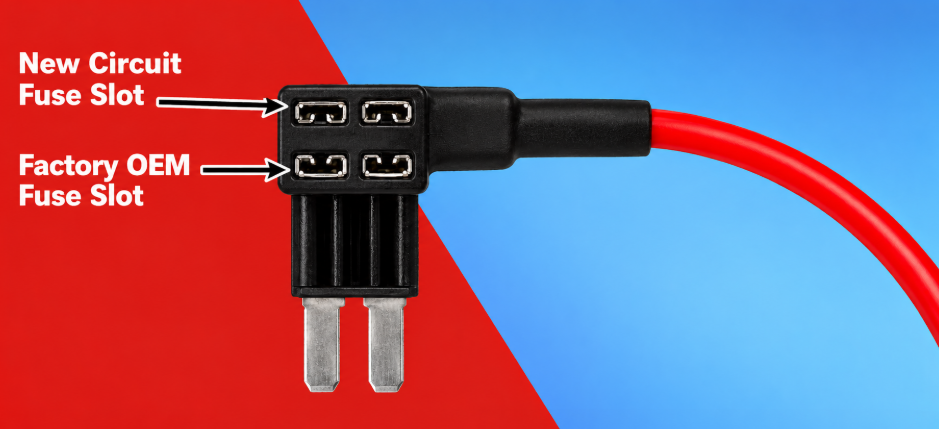 Add-A-Fuse slot diagram — slot 1 near blade for factory OEM fuse, slot 2 far blade for new circuit